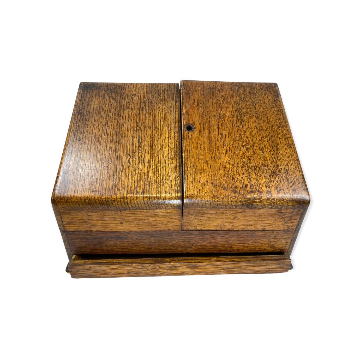 CIRCA 1900s OAK STATIONERY BOX - 29cms closed x 39cms x 23cms