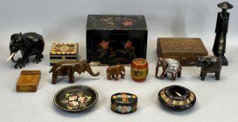 AN EBONY & QUILL WORK ASHTRAY, 12cms diameter, various carved hardwood elephant figures, 12.5cms H