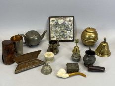 A LIPTONS BRITISH EMPIRE EXHIBITION 1924 TEA CADDY, a vintage brass counter bell, plated stirrup cup