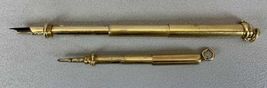 S MORDAN & CO GOLD COLOUR PROPELLING PEN/PENCILS (2), the larger example with swivel hanging loop