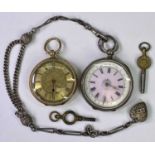 LADY'S VINTAGE FOB WATCHES (2) - the case interiors stamped 'K18' and '0.935', the gold example with