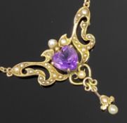ANTIQUE 9CT SEED PEARL & AMETHYST ART NOUVEAU STYLE PENDANT on a believed 9ct gold fine link