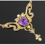 ANTIQUE 9CT SEED PEARL & AMETHYST ART NOUVEAU STYLE PENDANT on a believed 9ct gold fine link