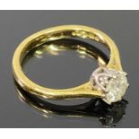 18CT GOLD SOLITAIRE DIAMOND RING - 0.50ct round, claw mounted to a coronet setting against raised