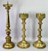 GOTHIC GILDED BRASS ECCLESIASTICAL PRICKET CANDLESTICKS - late 19th century with castellated drip