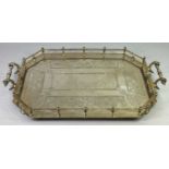LARGE SILVER PLATED SERVING TRAY - rectangular with canted corners and a baluster type open