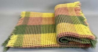 WELSH WAFFLE BLANKET woven in shades of pink, green and yellow, fringed, 188 x 124cms