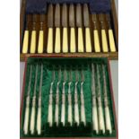 PASTRY KNIVES & FORKS, 2 SETS - to include an oak cased set of 6 knives and 6 forks with celluloid