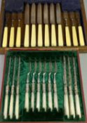 PASTRY KNIVES & FORKS, 2 SETS - to include an oak cased set of 6 knives and 6 forks with celluloid