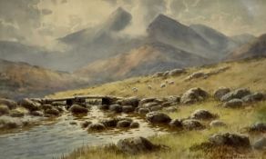 WARREN WILLIAMS ARCA (British 1863 - 1941) watercolour - mountainscape with rustic bridge over river