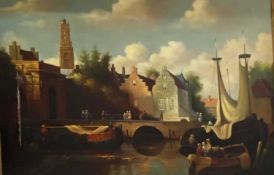 P C STEEN HOUWER (Born Amsterdam 1927) oil on canvas - Amsterdam harbour scene with boats, figures