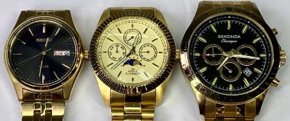 GOLD PLATED GENTLEMAN'S WRISTWATCHES (3) to include a Seiko Solar black dial with gilt baton markers