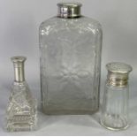 SILVER MOUNTED GLASSWARE, 3 ITEMS - to include a large flask/bottle, Birmingham 1907 hallmarks to