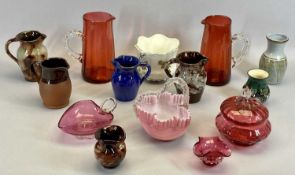 RUBY GLASS JUGS, A PAIR - with crimped clear glass handles, 20cms H, Ruby glass bowl and cover