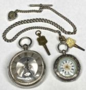 SWISS SILVER LADY'S KEY WIND FOB WATCH - with silver Albert, T bar and heart shaped compass fob, the