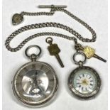 SWISS SILVER LADY'S KEY WIND FOB WATCH - with silver Albert, T bar and heart shaped compass fob, the