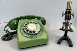 A RETRO GREEN PLASTIC TELEPHONE - Whitehall 1212 and a Milbro microscope in wooden box