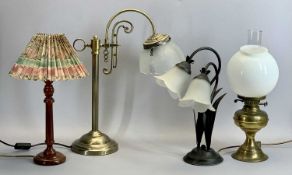 MODERN BRASS SWAN NECK DESK LAMP with etched moulded glass shade, 54cms H, brass oil lamp with