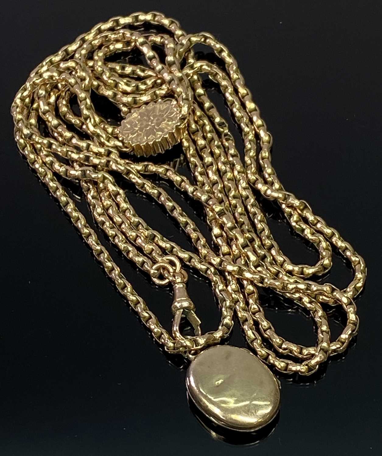 ANTIQUE 9CT GOLD FILED BELCHER LINK MUFF CHAIN - holding a small unmarked yellow metal locket, 75cms - Image 2 of 3