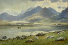 WARREN WILLIAMS ARCA (British 1863 0 1941) watercolour - Welsh mountain lake with figures fishing in