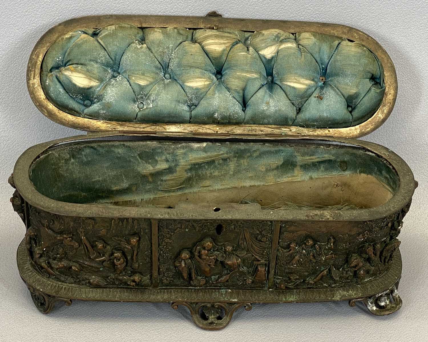 FRENCH OVAL COPPER TRINKET BOX - 19th century decorated in high relief with figures, hinged cover - Image 2 of 3