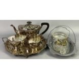 EP & OTHER PLATED METALWARE to include a three piece EPNS tea service, non-associated circular tray,
