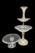 18TH CENTURY GEORGIAN GLASS TAZZA, with tear filled stem, folded foot, 27cm diam; and a three tiered