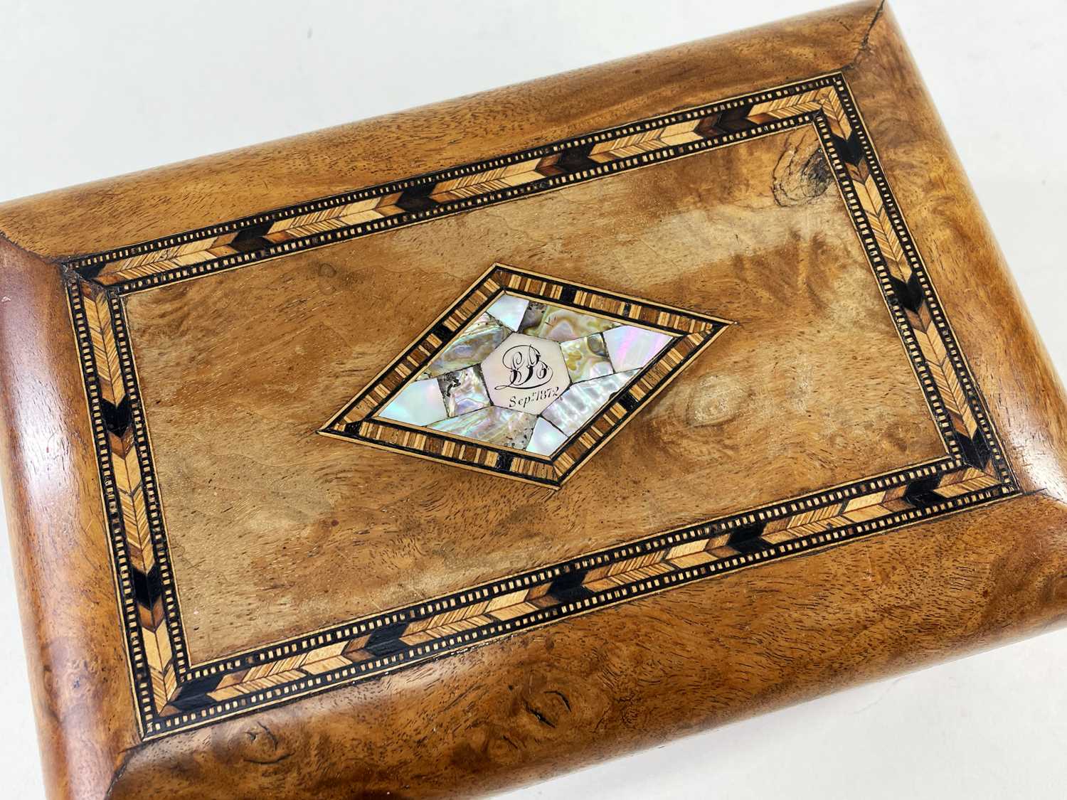VICTORIAN WALNUT AND MOTHER OF PEARL INLAID WORKBOX, with ebony, walnut and otherwoods inlay, - Image 2 of 4