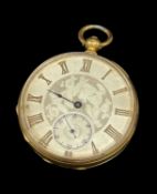 18K GOLD OPEN FACE POCKETWATCH, the dial having Roman numerals and subsidiary seconds dial, 69.
