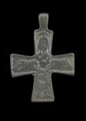BELIEVED BYZANTINE BRONZE CROSS, one side cast with figure of Christ (?), suspension loop, 4cm