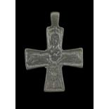 BELIEVED BYZANTINE BRONZE CROSS, one side cast with figure of Christ (?), suspension loop, 4cm