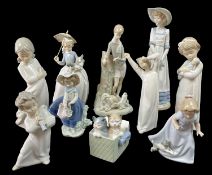 TEN LLADRO & NAO FIGURES, including 4 x Lladro - young girl with book and lambs, 27cms high (