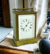 FRENCH BRASS REPEATER CARRIAGE CLOCK, white enamel face with Roman numerals, stamped 'R & Co Made In