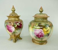 TWO ROYAL WORCESTER BONE CHINA POT POURRI VASES & COVERS, one dated 1917, shape H278, pierced neck