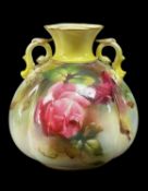 ROYAL WORCESTER BONE CHINA LOBED VASE, dated 1903, painted with pink roses, lemon yellow neck and