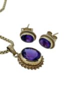 9CT GOLD AMETHYST PENDANT on 9ct gold box link chain together with matching pair of earrings, 9.2gms
