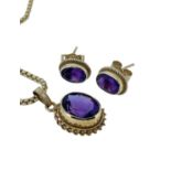 9CT GOLD AMETHYST PENDANT on 9ct gold box link chain together with matching pair of earrings, 9.2gms