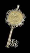 EDWARD VII GOLD SOVEREIGN, 1906, set in 9ct gold pierced key 18th birthday design pendant mount,