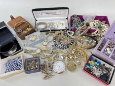 ASSORTED COSTUME JEWELLERY including gold plated open faced pocket watch on plated chain, beads,