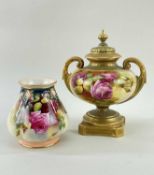 TWO ROYAL WORCESTER BONE CHINA VASES, one a vase and cover shape 2296, painted by F. Harper with