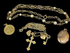 ASSORTED GOLD JEWELLERY comprising 14k gold chain with 9ct gold cross pendant, 14k gold pearl set