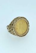 VICTORIAN GOLD HALF SOVEREIGN RING, 1852, young head, mounted in 9ct gold textured ring, 11.1gms