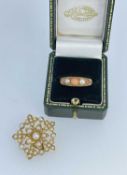 18CT GOLD CORAL & PEARL RING, ring size J, 3.9gms, together with yellow metal floral pendant /