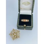 18CT GOLD CORAL & PEARL RING, ring size J, 3.9gms, together with yellow metal floral pendant /