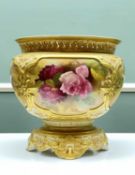 ROYAL WORCESTER BONE CHINA CACHE POT, shape H118 painted by Mildred Hunt with roses in panels with