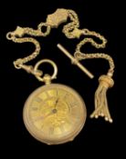 18K GOLD FOB WATCH, scroll and foliate engraved, Roman numerals, with 9ct gold chain having T-bar