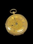 LATE VICTORIA 18CT GOLD FOB WATCH, Chester 1901, with floral engraved gold dial with Roman