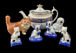ASSORTED ANIMAL FIGURES & TEAPOT, comprising x2 Staffordshire dogs, x2 figures of cats, x1 figure of
