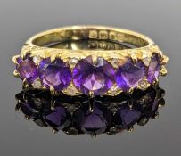 18CT YELLOW GOLD FIVE STONE AMETHYST & DIAMOND CHIP RING, ring size R, 5.0gms Provenance: deceased