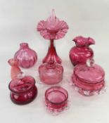 ASSORTED VICTORIAN & LATER 'CRANBERRY' GLASS, including a 'jack in the pulpit' vase, 27cm h (8)